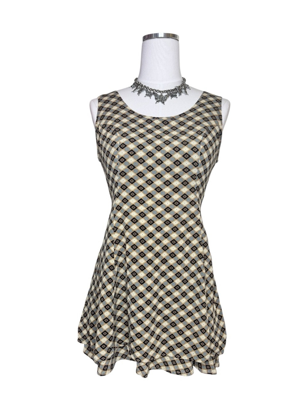 Y2K Shok Tan, Blue + Black Gingham Flower Print Micro Mini Dress Size Small